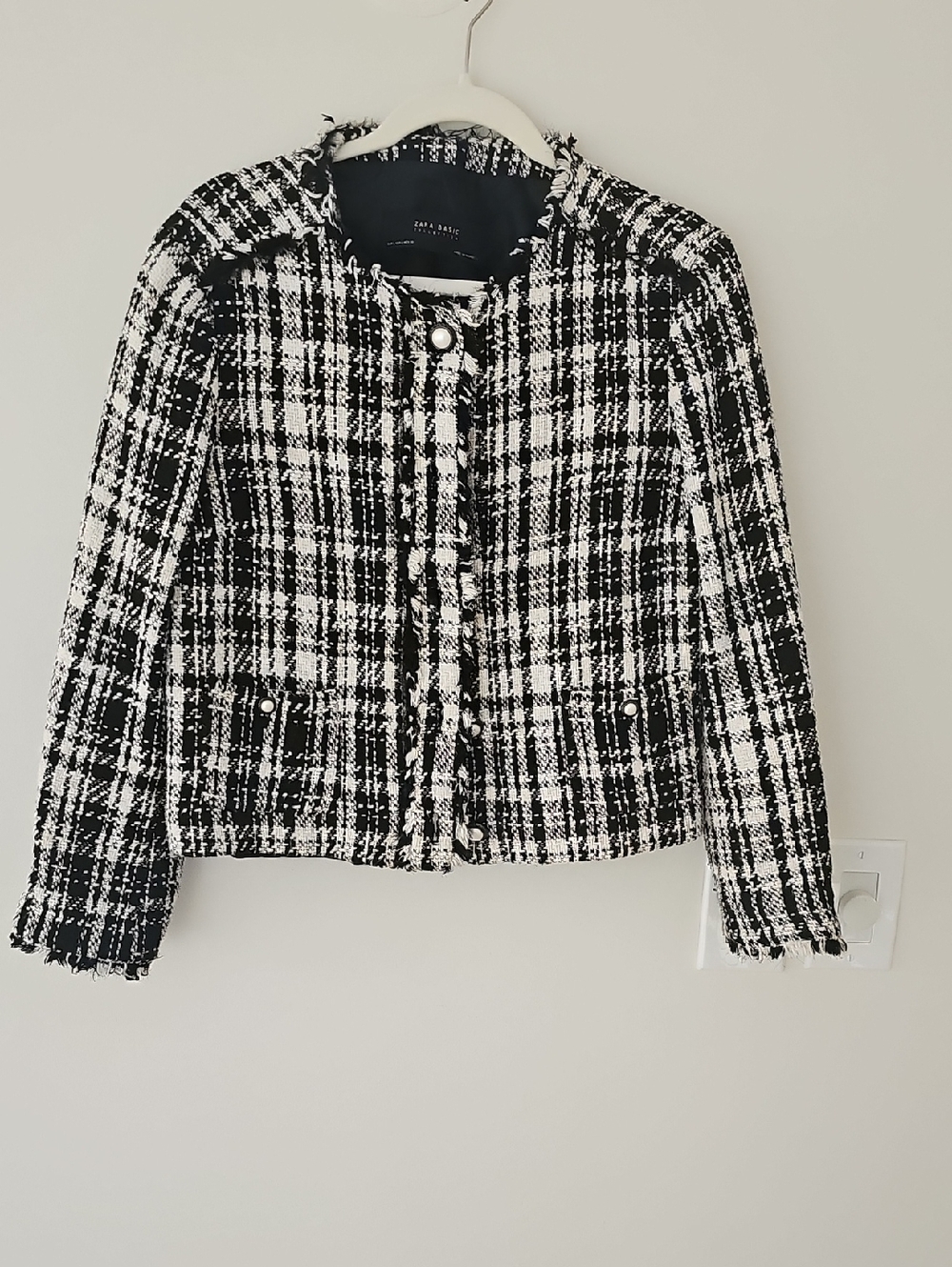 Zara Black & White Tweed Plaid Jacket Size L